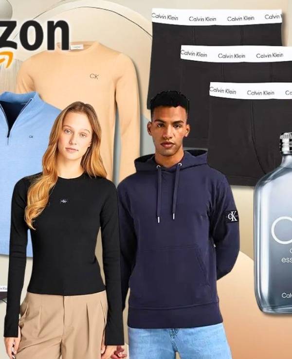Verschiedene Calvin Klein Produkte wie Mode, Unterwäsche und Parfüms vor einem neutralen Hintergrund.