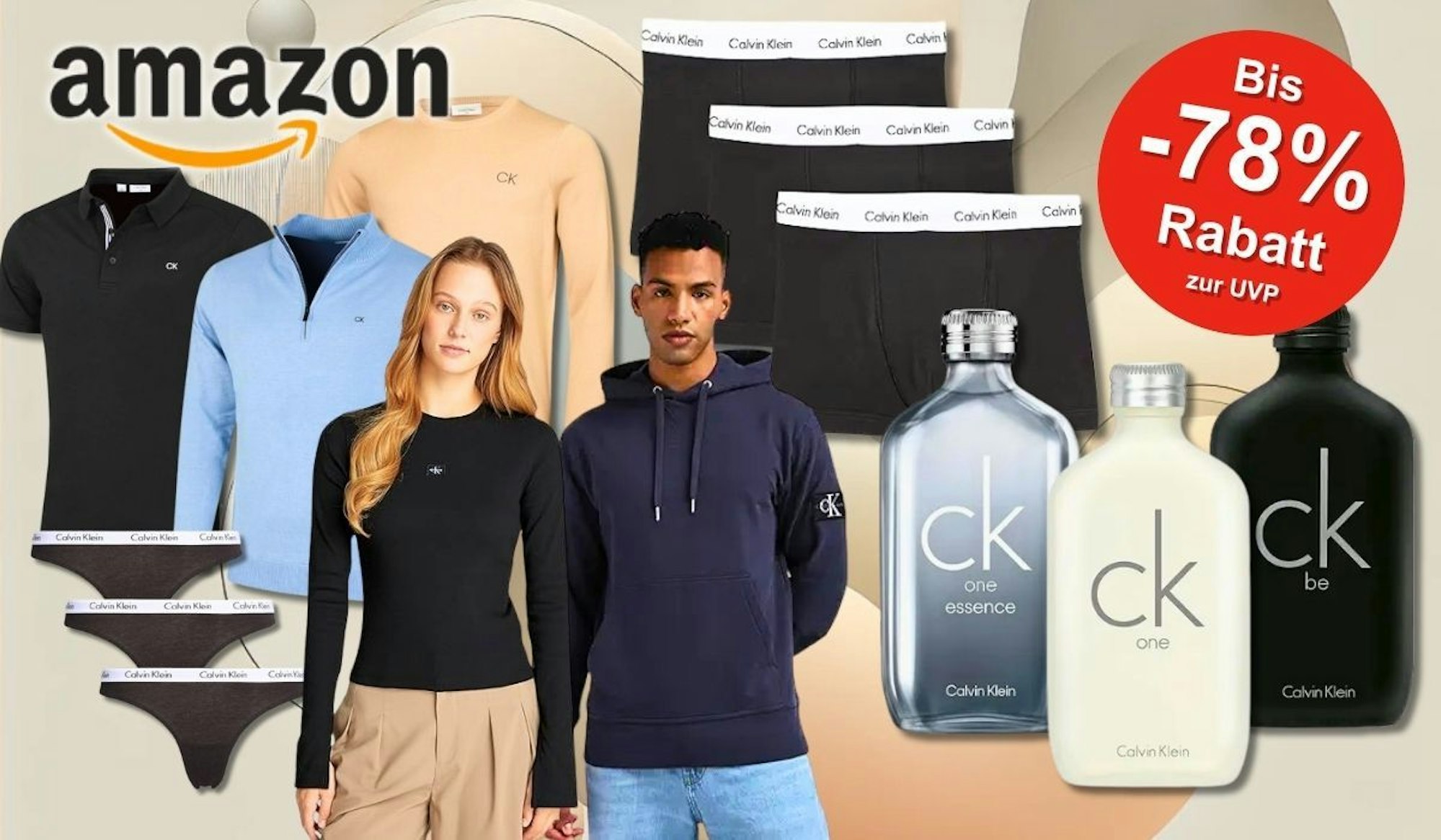 Verschiedene Calvin Klein Produkte wie Mode, Unterwäsche und Parfüms vor einem neutralen Hintergrund.