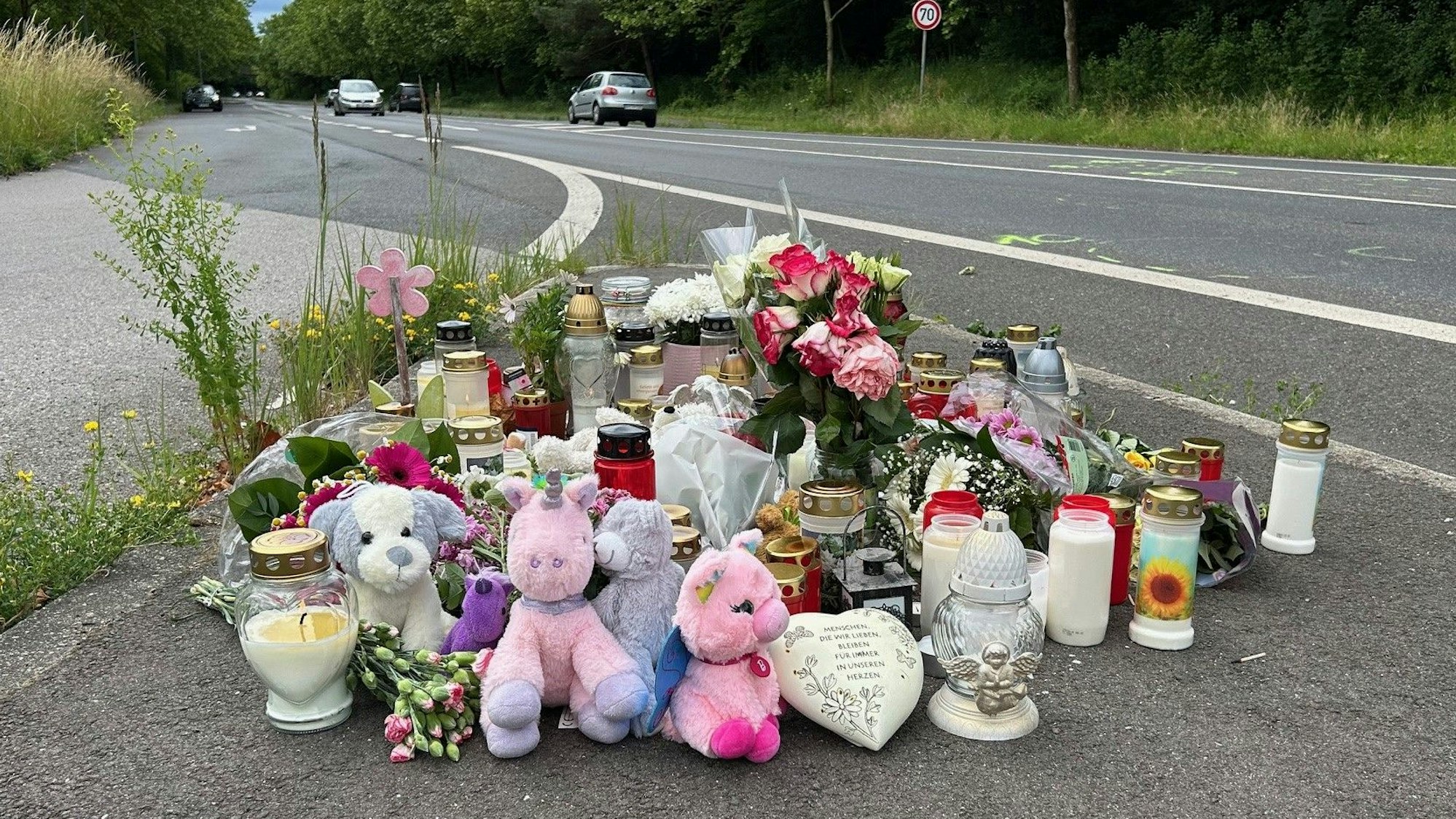 An einer Straße liegen Blumen und Plüschtiere, stehen zahlreiche Kerzen.