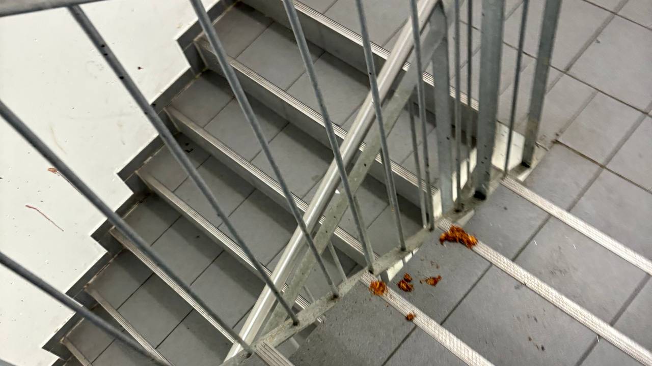 Einfach nur ekelhaft. Erbrochenes und andere Körperflüssigkeiten finden sich im Treppenhaus des Parkhauses an der Cäcilienstraße.