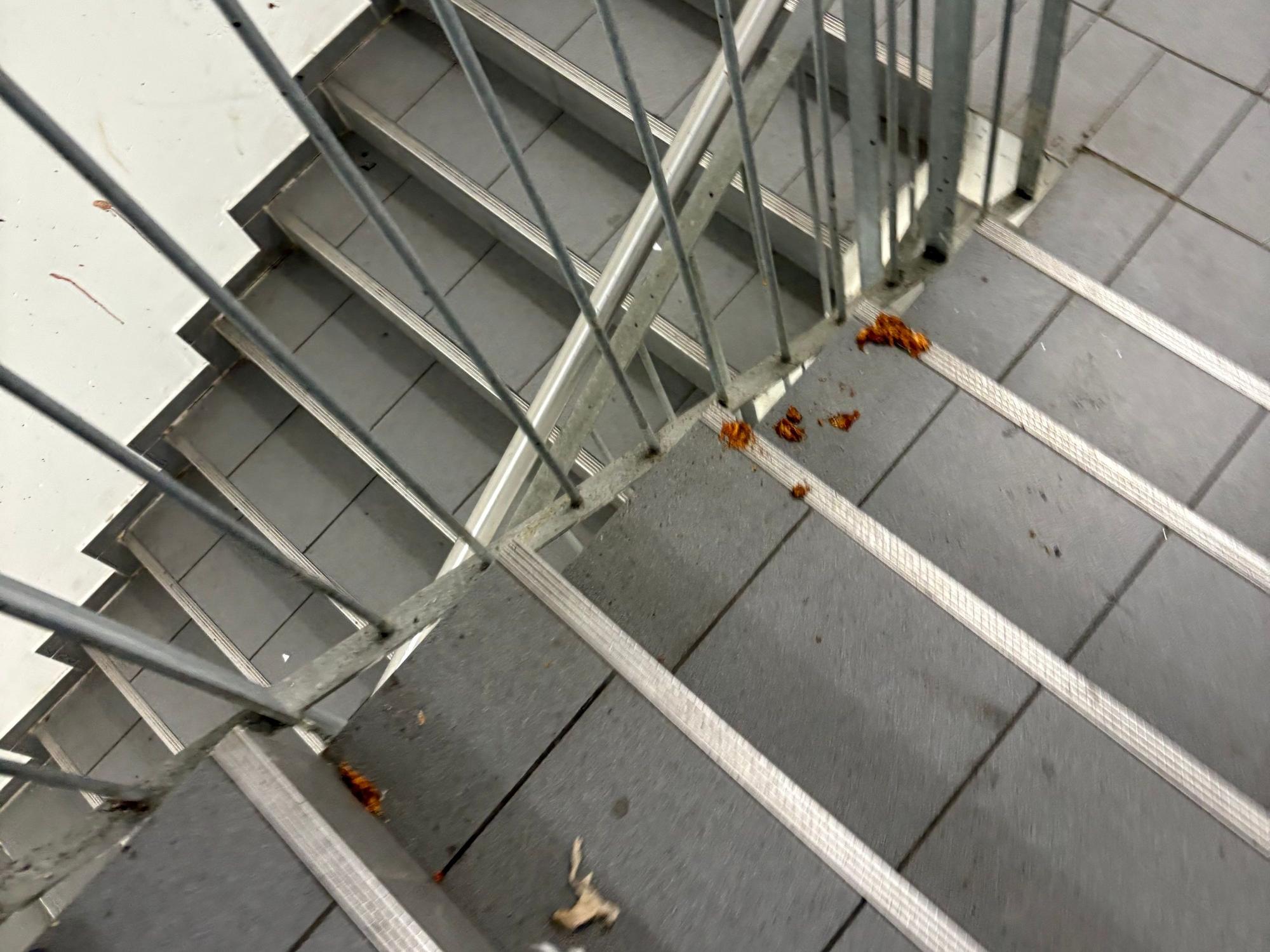 Einfach nur ekelhaft. Erbrochenes und andere Körperflüssigkeiten finden sich im Treppenhaus des Parkhauses an der Cäcilienstraße.