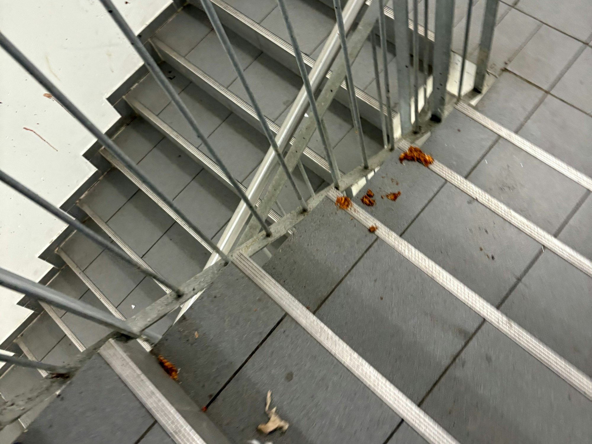 Einfach nur ekelhaft. Erbrochenes und andere Körperflüssigkeiten finden sich im Treppenhaus des Parkhauses an der Cäcilienstraße.