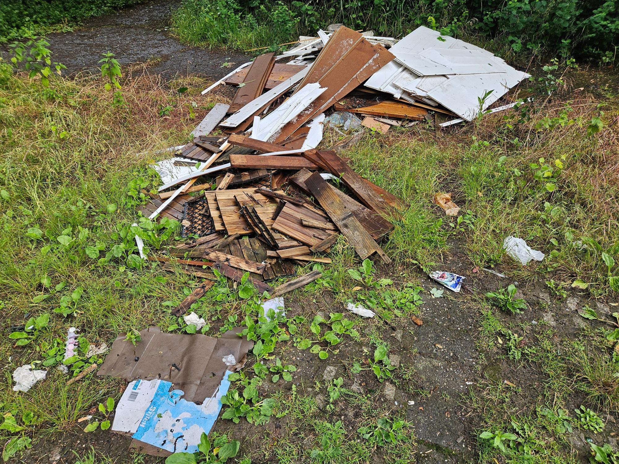 Holzlatten liegen auf einer Wiese.