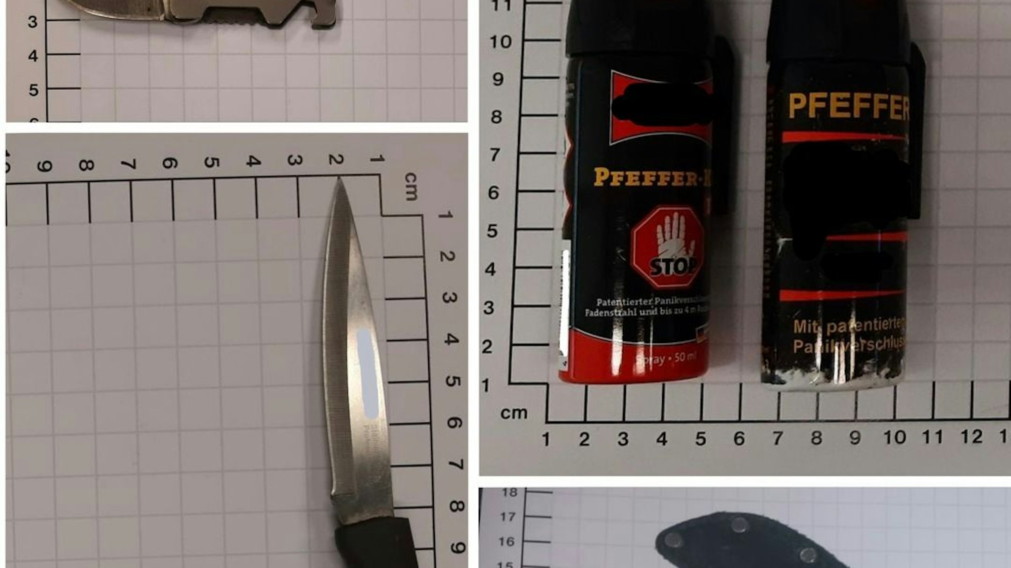 Sichergestellte Messer und Pfeffersprays der Bundespolizei bei Kontrollen am Pfingstwochenende 2025