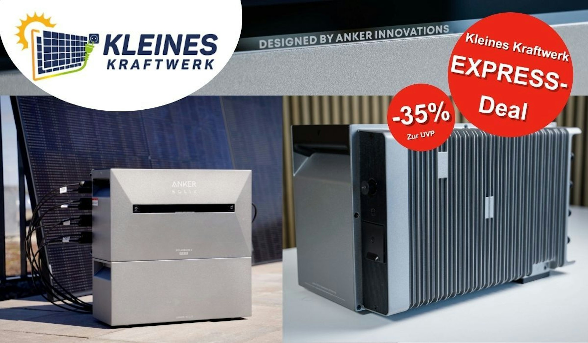 Ein Balkonkraftwerk mit einem modernen, kompakten Speicher von ANKER Innovations, der in eleganter Aluminium-Optik und mit effizienten Solarmodulen bestückt ist.