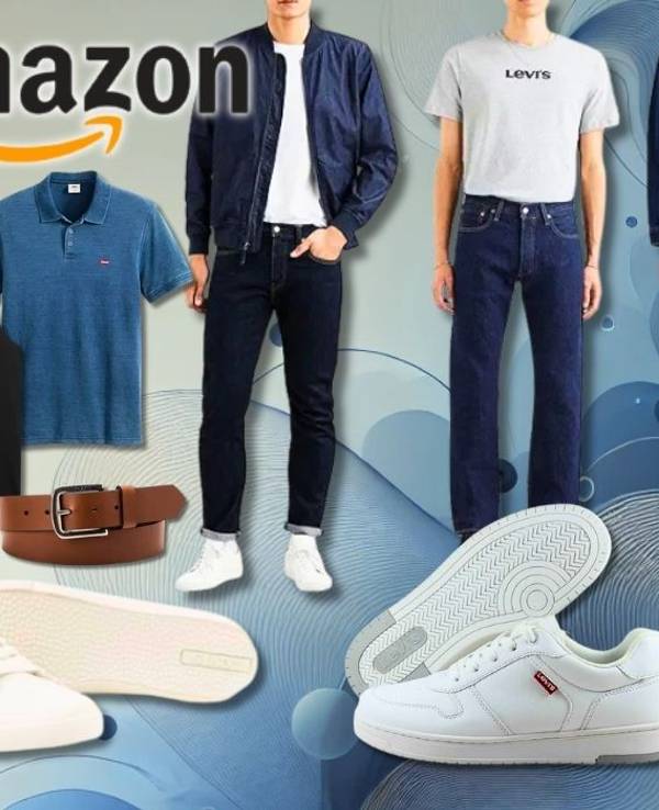 Eine bunte Collage mit Levi’s Mode-Highlights für Damen und Herren – von Jeans, T-Shirts und Jacken bis hin zu Schuhen, Caps und Accessoires.