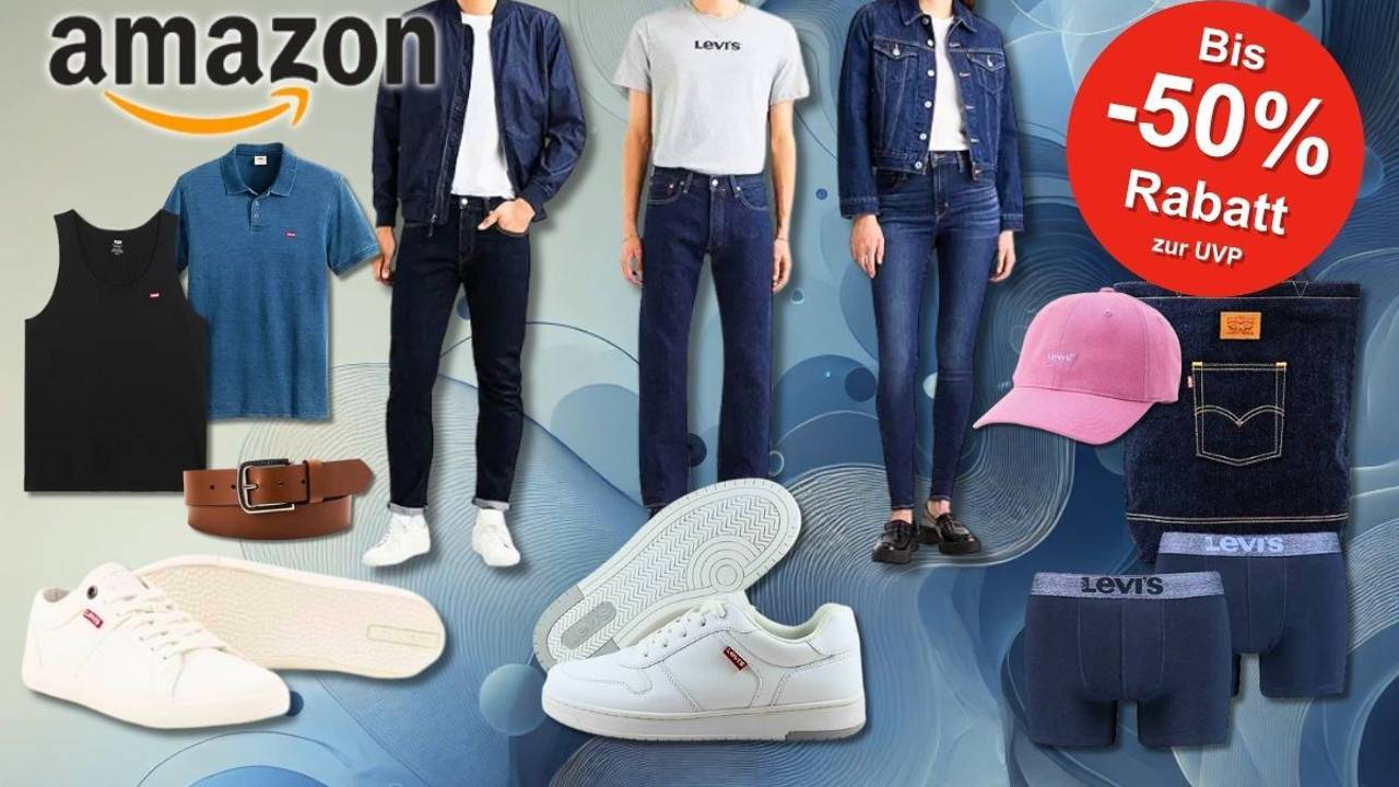 Eine bunte Collage mit Levi’s Mode-Highlights für Damen und Herren – von Jeans, T-Shirts und Jacken bis hin zu Schuhen, Caps und Accessoires.