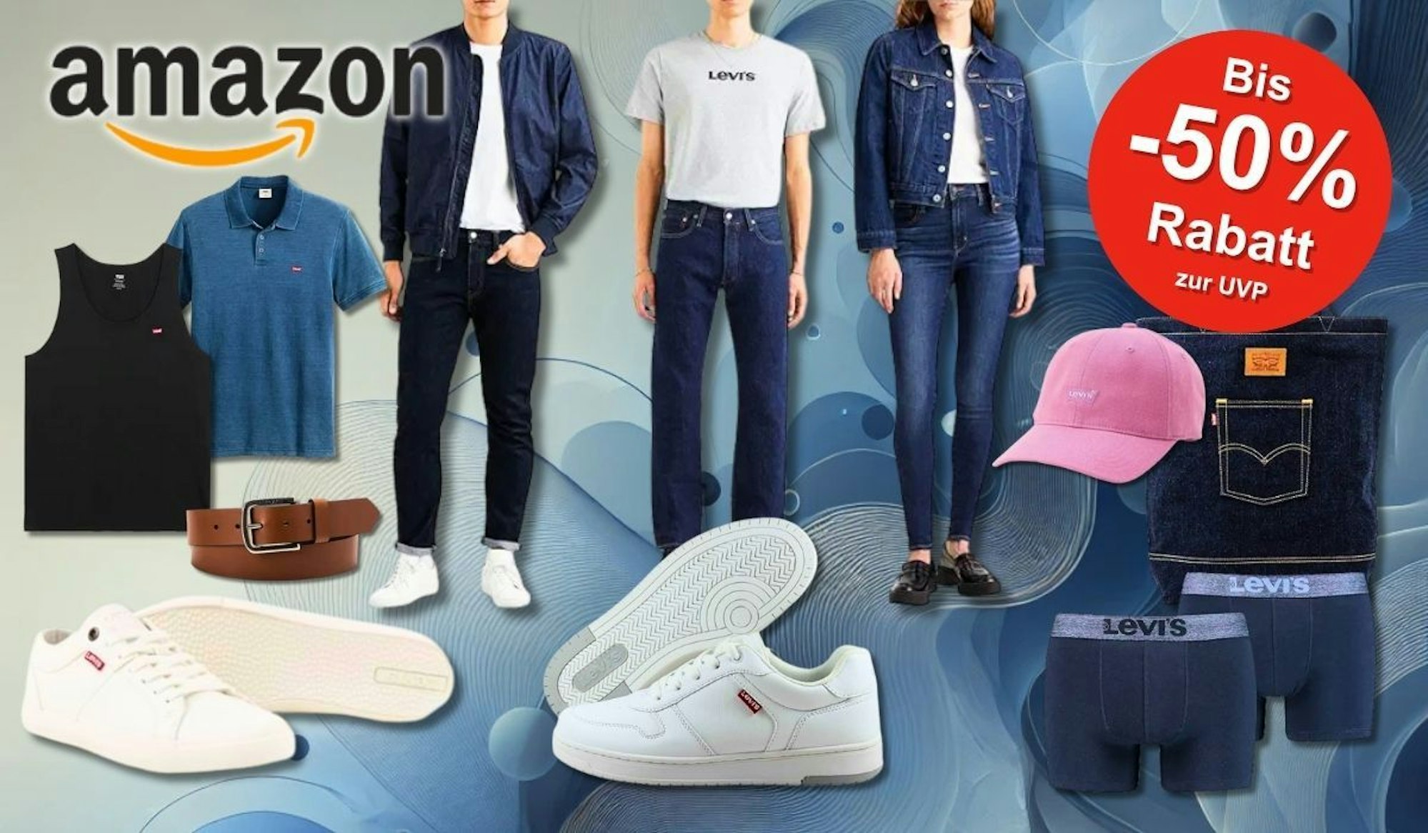 Eine bunte Collage mit Levi’s Mode-Highlights für Damen und Herren – von Jeans, T-Shirts und Jacken bis hin zu Schuhen, Caps und Accessoires.