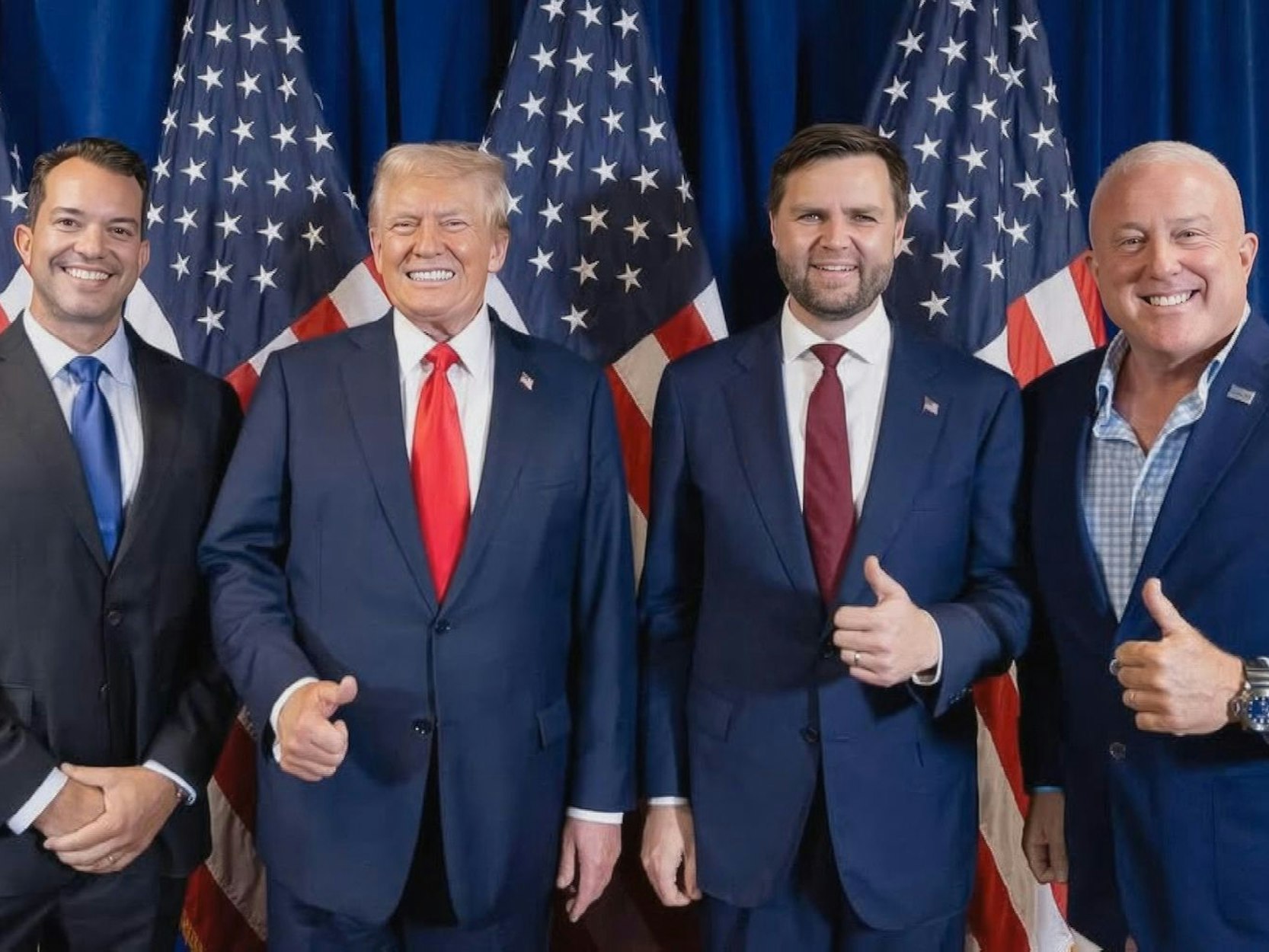 Machtzirkel: Trumps Nachbar Bill White (rechts), hier mit (von links) Bryan Eure, Präsident Trump und Vizepräsident Vance, wird US-Botschafter in Belgien. (Bild: ZDF/Ligne de Front)