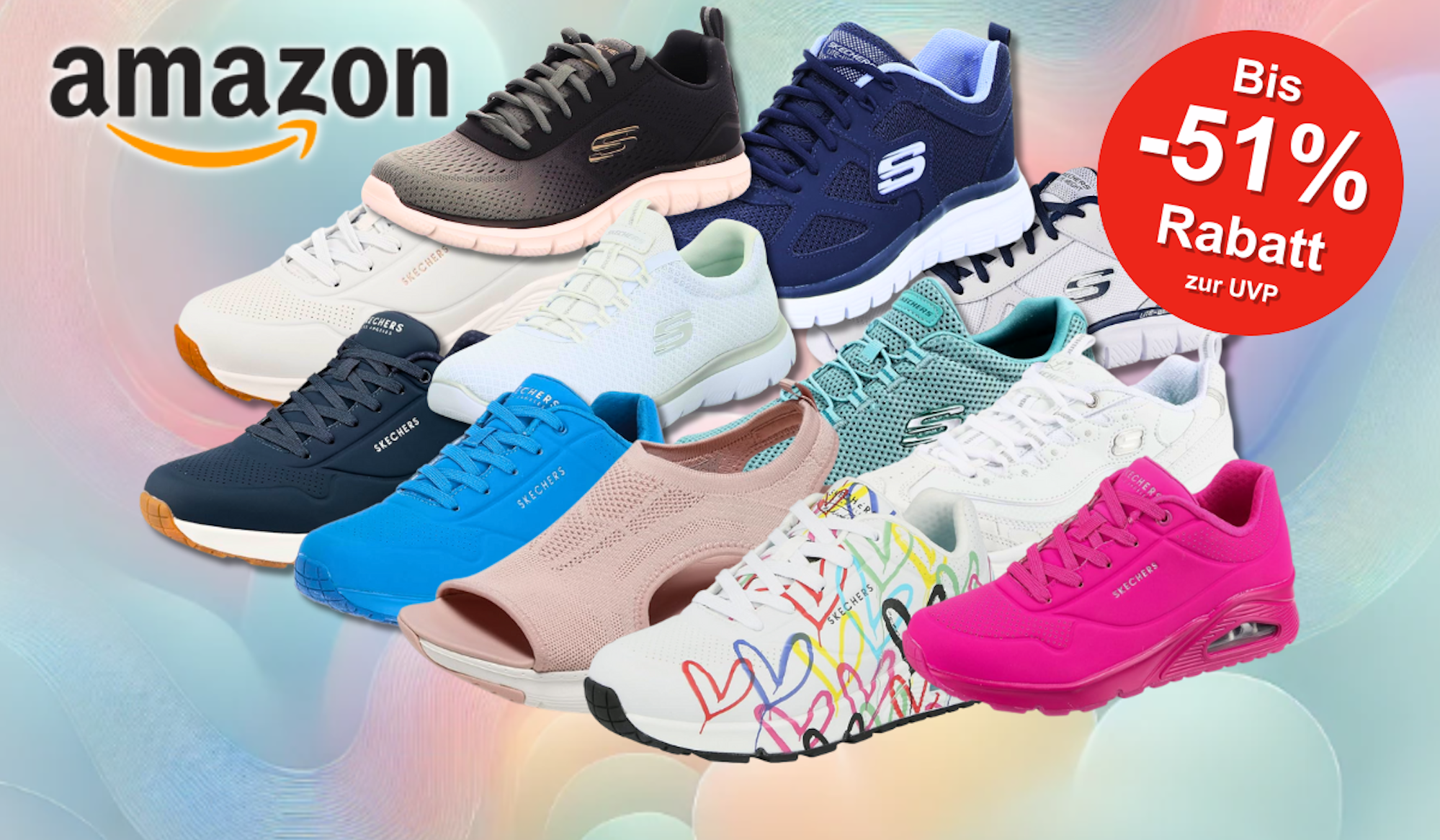 Auf dem Bild sind ganz viele Varianten der Marke Skechers zu sehen!