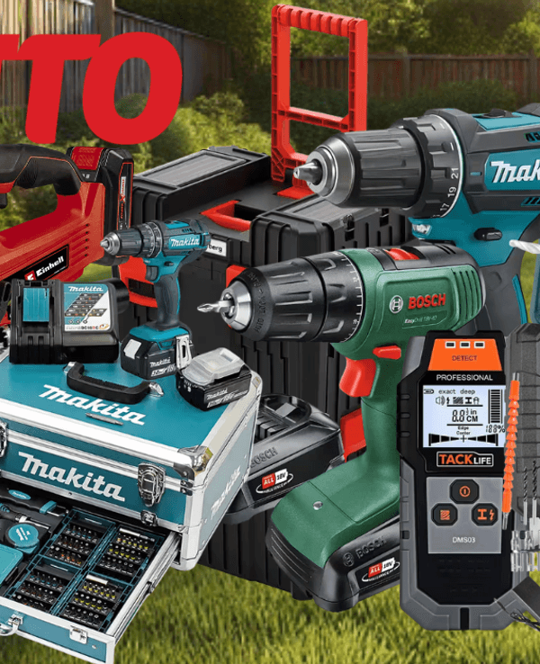 Werkzeug wie Akkuschrauber von Bosch, Makita, Einhell und mehr vor einem Garten im Hintergrund.
