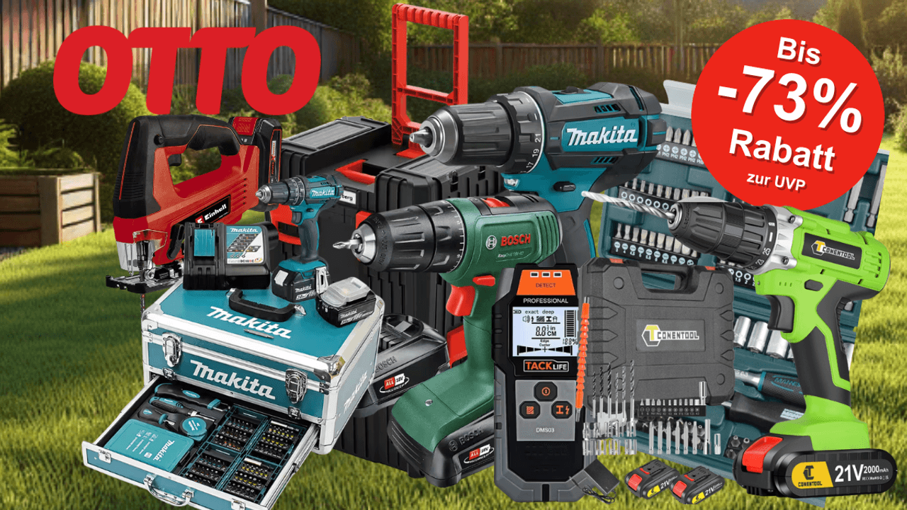 Werkzeug wie Akkuschrauber von Bosch, Makita, Einhell und mehr vor einem Garten im Hintergrund.