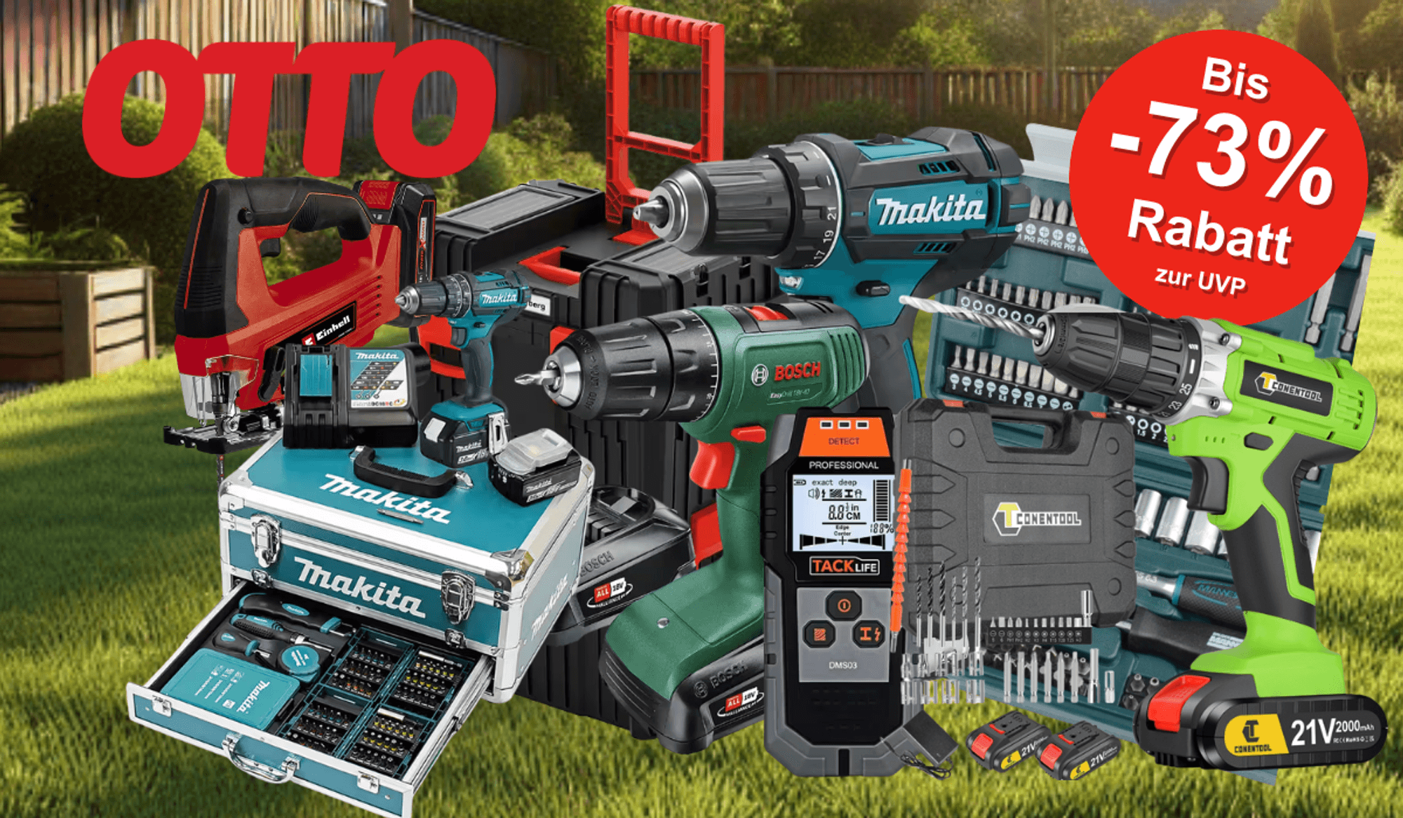Werkzeug wie Akkuschrauber von Bosch, Makita, Einhell und mehr vor einem Garten im Hintergrund.