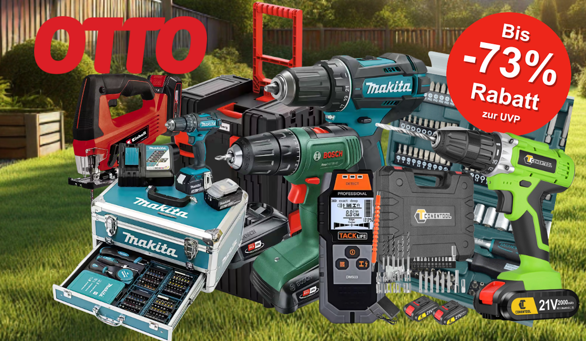 Werkzeug wie Akkuschrauber von Bosch, Makita, Einhell und mehr vor einem Garten im Hintergrund.