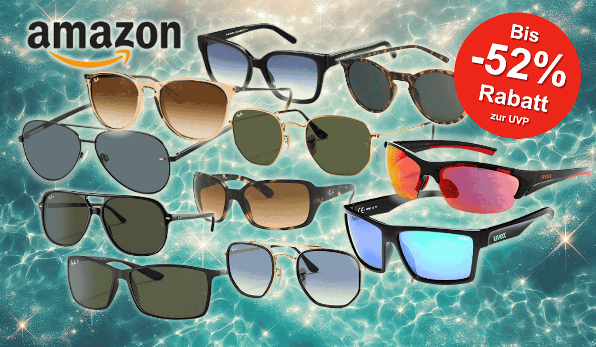 Sonnenbrillen verschiedener Marken von Ray-Ban, Tommy Hilfiger, Uvex und Oakley vor einer spiegelnden Wasseroberfläche von einem Swimming Pool.