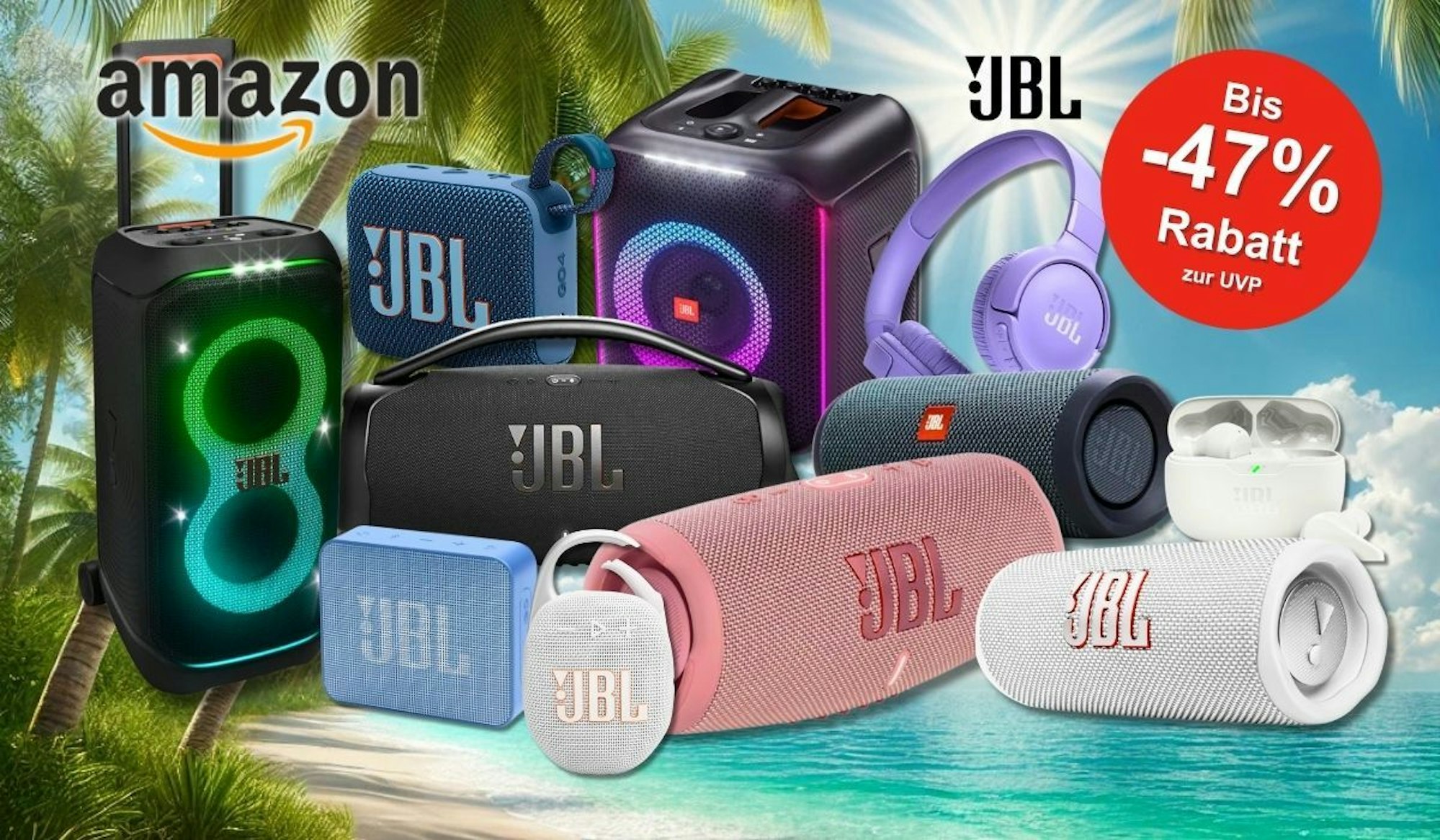 Darstellung verschiedener Lautsprecher- und Kopfhörermodelle von JBL auf Amazon