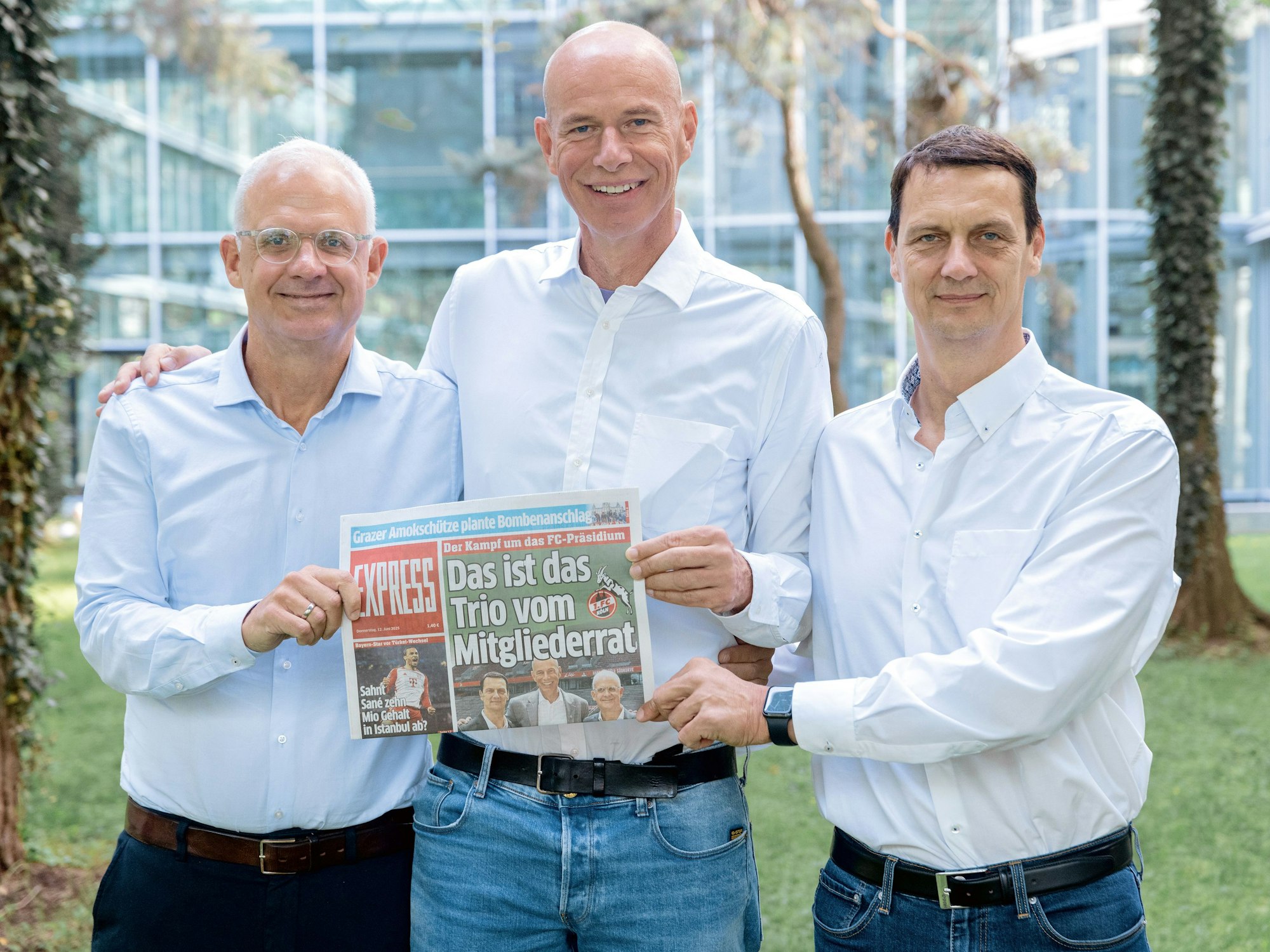 Der Präsidentschaftskandidat des 1. FC Köln, Jörn Stobbe mit seinen Mitstreitern Prof. Dr. Ulf Sobek und Dr. Jörg Alvermann beim Redaktionsgespräch mit EXPRESS im Neven-Dumont-Haus in Köln.