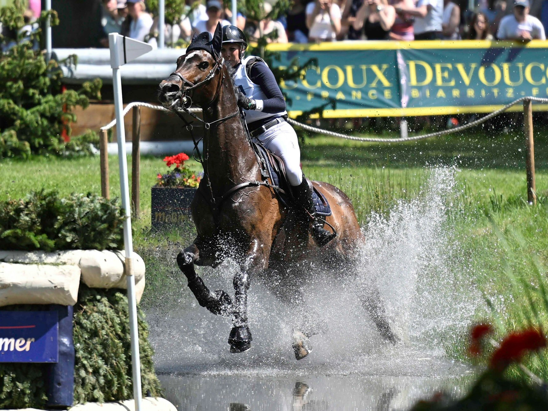 Das Pferd Chiquita mit Reiterin Maj-Jonna Ziebell bei einem Wettkampf im flachen Wasser.