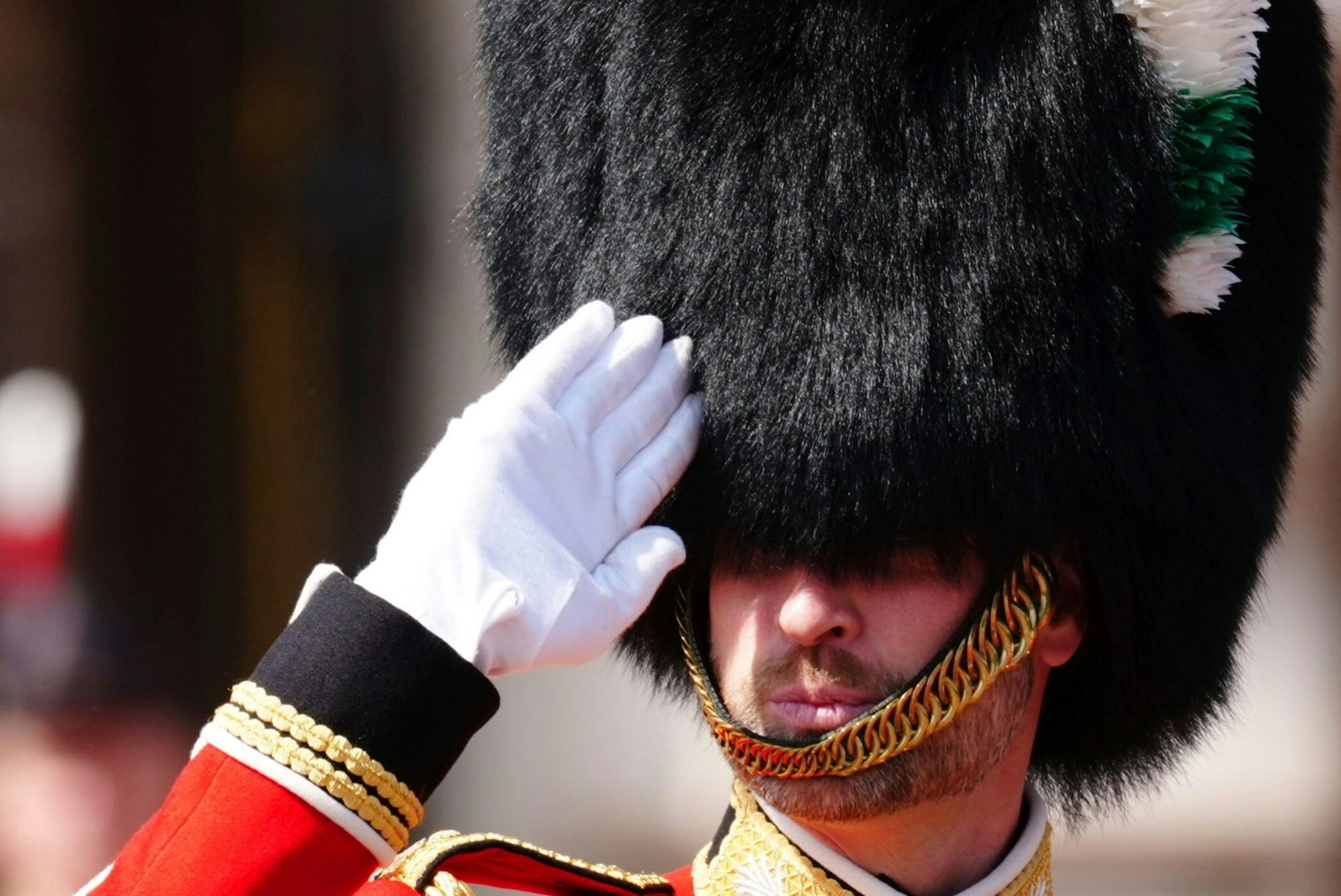 Der britische Prinz William salutiert beim Verlassen des Buckingham Palastes vor dem Trooping the Colour, der jährlichen Geburtstagsparade des Königs, in London. Deutlich zu sehen: der Thronfolger trägt Vollbart.