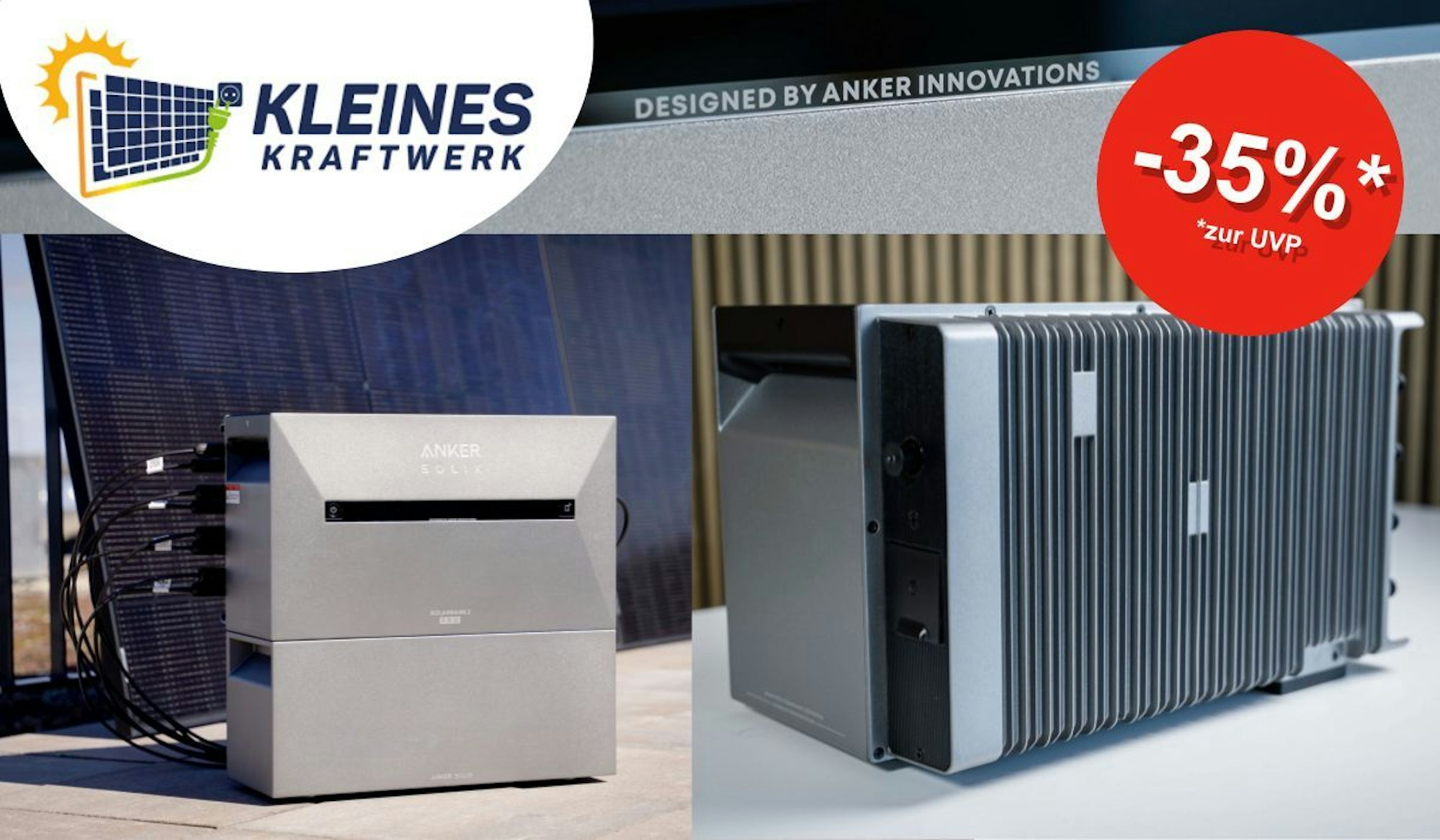 Ein Balkonkraftwerk mit einem modernen, kompakten Speicher von ANKER Innovations, der in eleganter Aluminium-Optik und mit effizienten Solarmodulen bestückt ist.