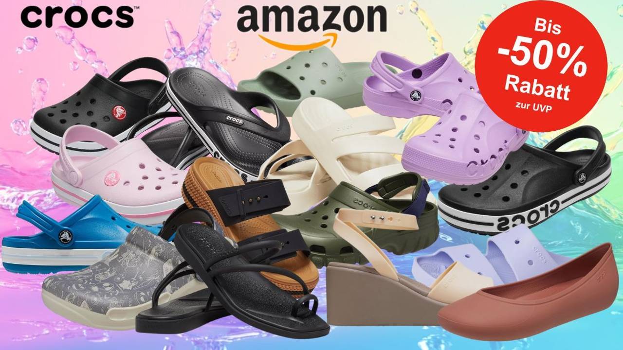 Auf dem Bild sind viele Modelle der Marke Crocs zu sehen.