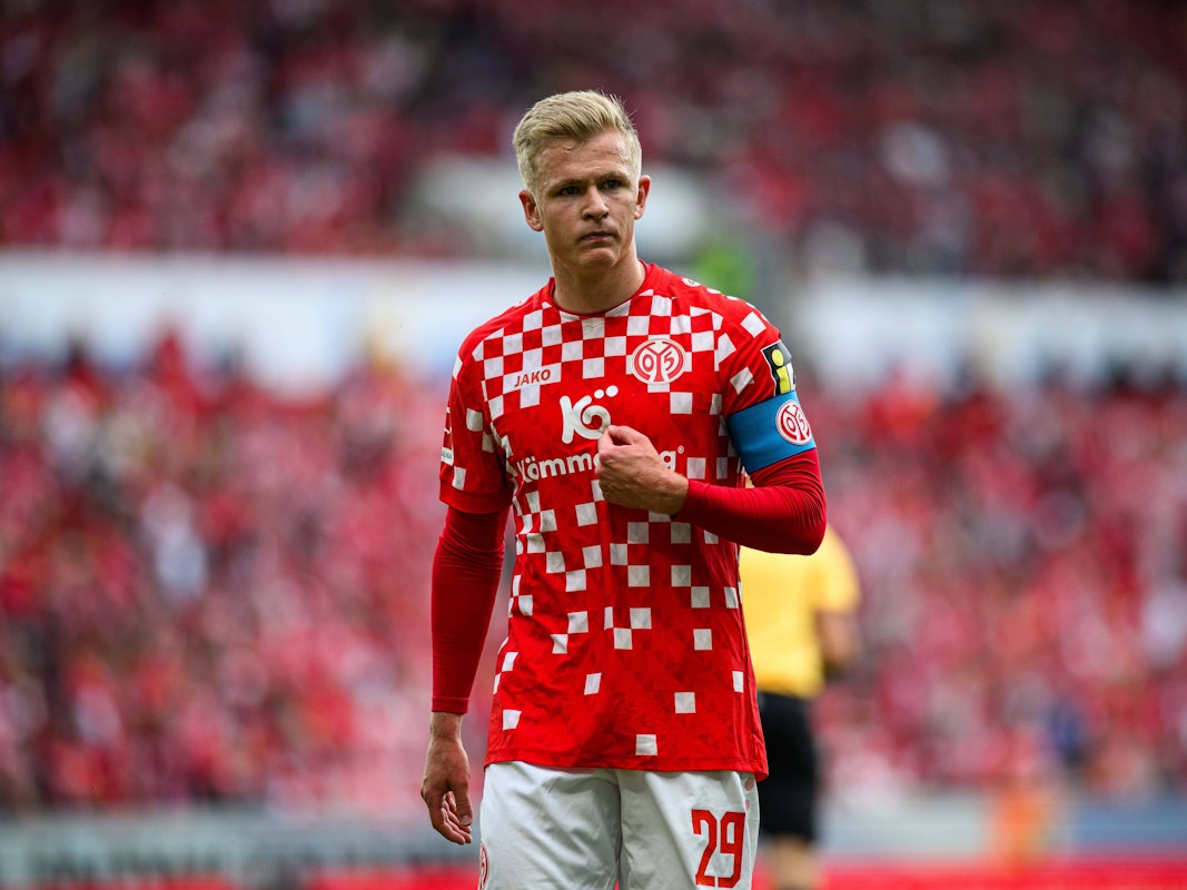 Mainz-Stürmer Jonathan Burkardt, hier am 17. Mai 2025 im Spiel gegen Bayer Leverkusen, steht kurz vor einem Wechsel zu Eintracht Frankfurt.