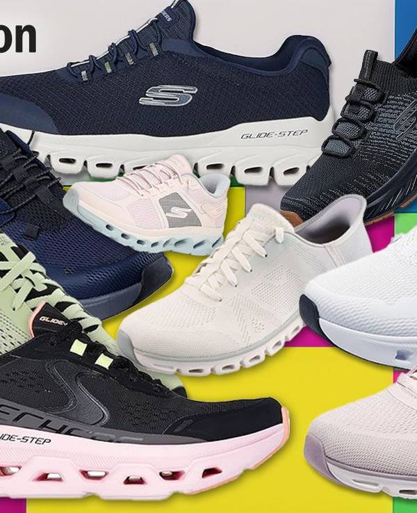Skechers Glide-Step Pro Sneaker vor einem Hintergrund mit farbenfrohen Formen.