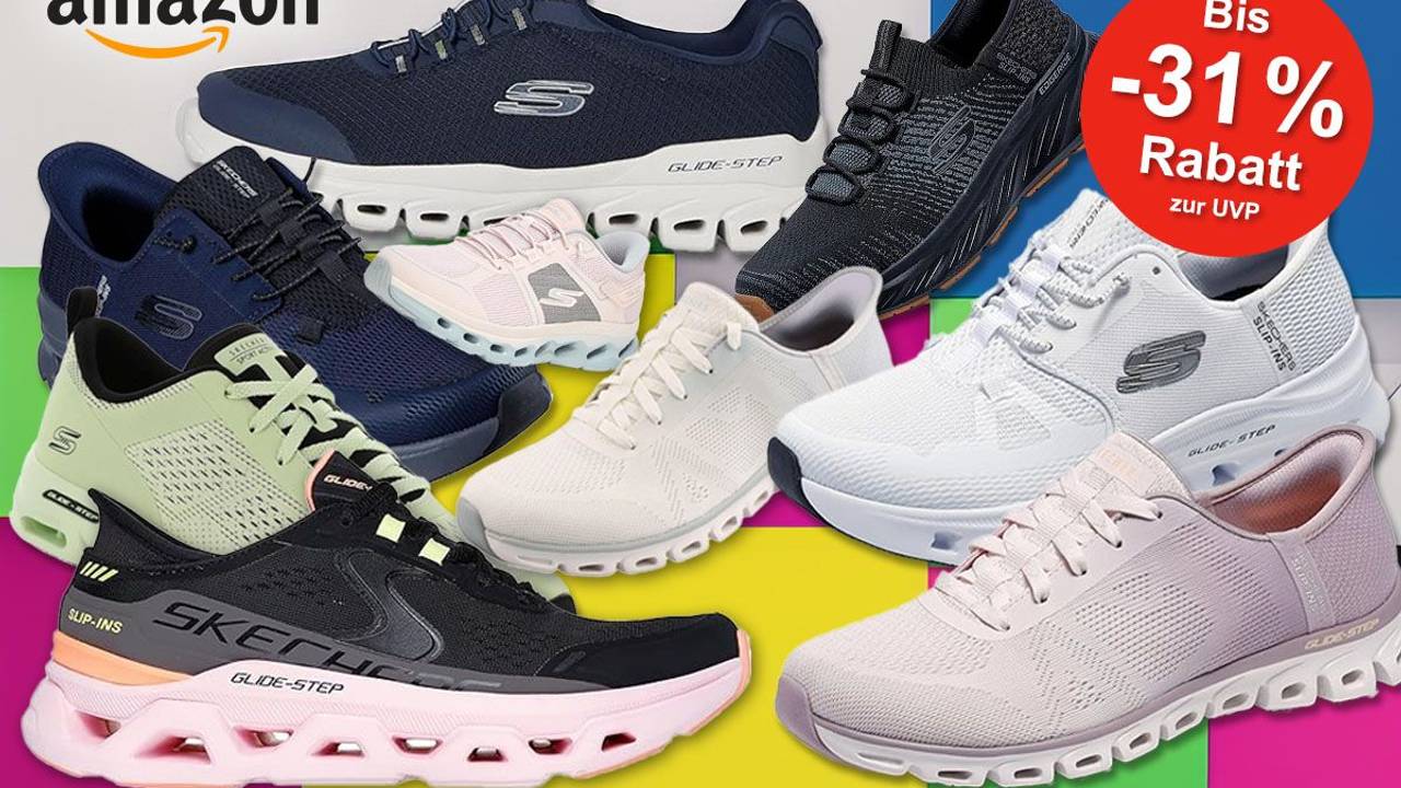 Skechers Glide-Step Pro Sneaker vor einem Hintergrund mit farbenfrohen Formen.