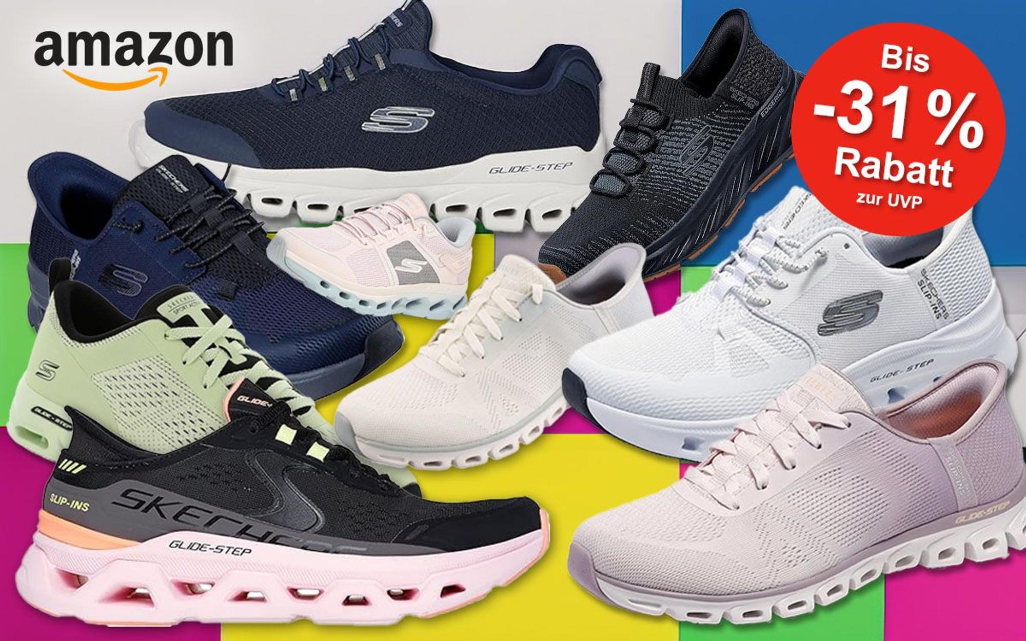 Skechers Glide-Step Pro Sneaker vor einem Hintergrund mit farbenfrohen Formen.