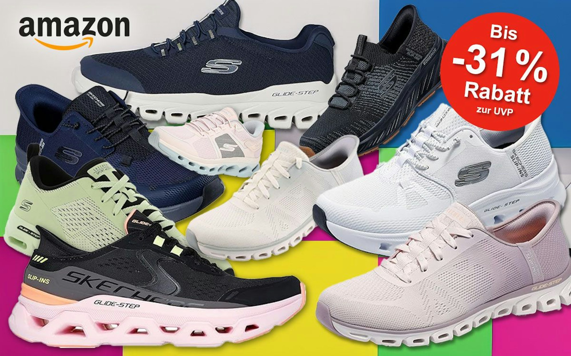 Skechers Glide-Step Pro Sneaker vor einem Hintergrund mit farbenfrohen Formen.