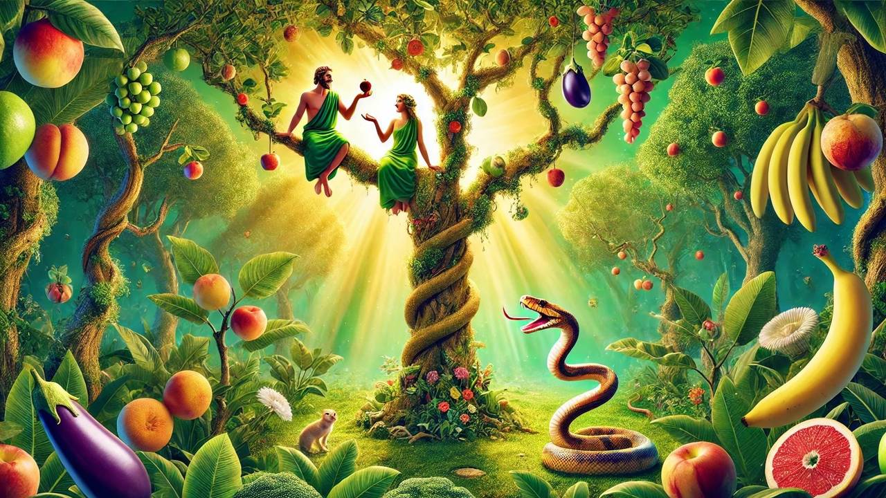 Darstellung von Adam und Eva im Garten Eden mit Apfel und Schlange.