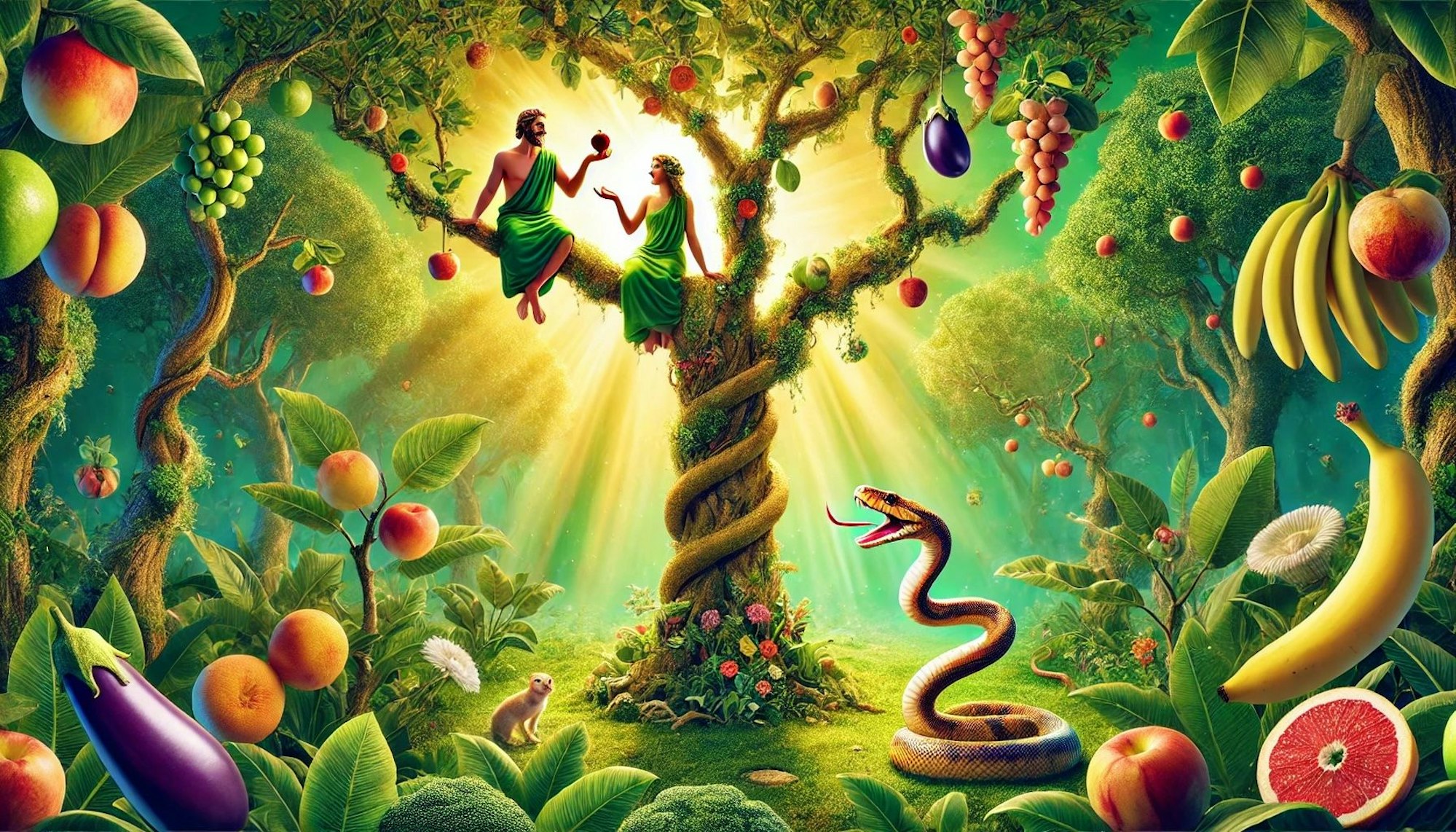 Darstellung von Adam und Eva im Garten Eden mit Apfel und Schlange.