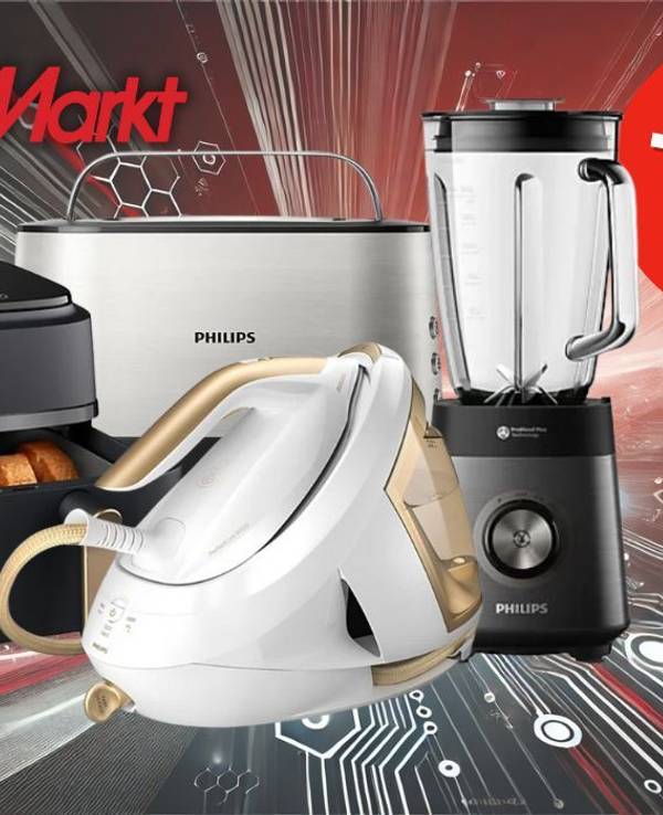 Auf dem Bild sind ein Toaster, Airfryer, Mixer und Bügeleisen von Philips zu sehen.