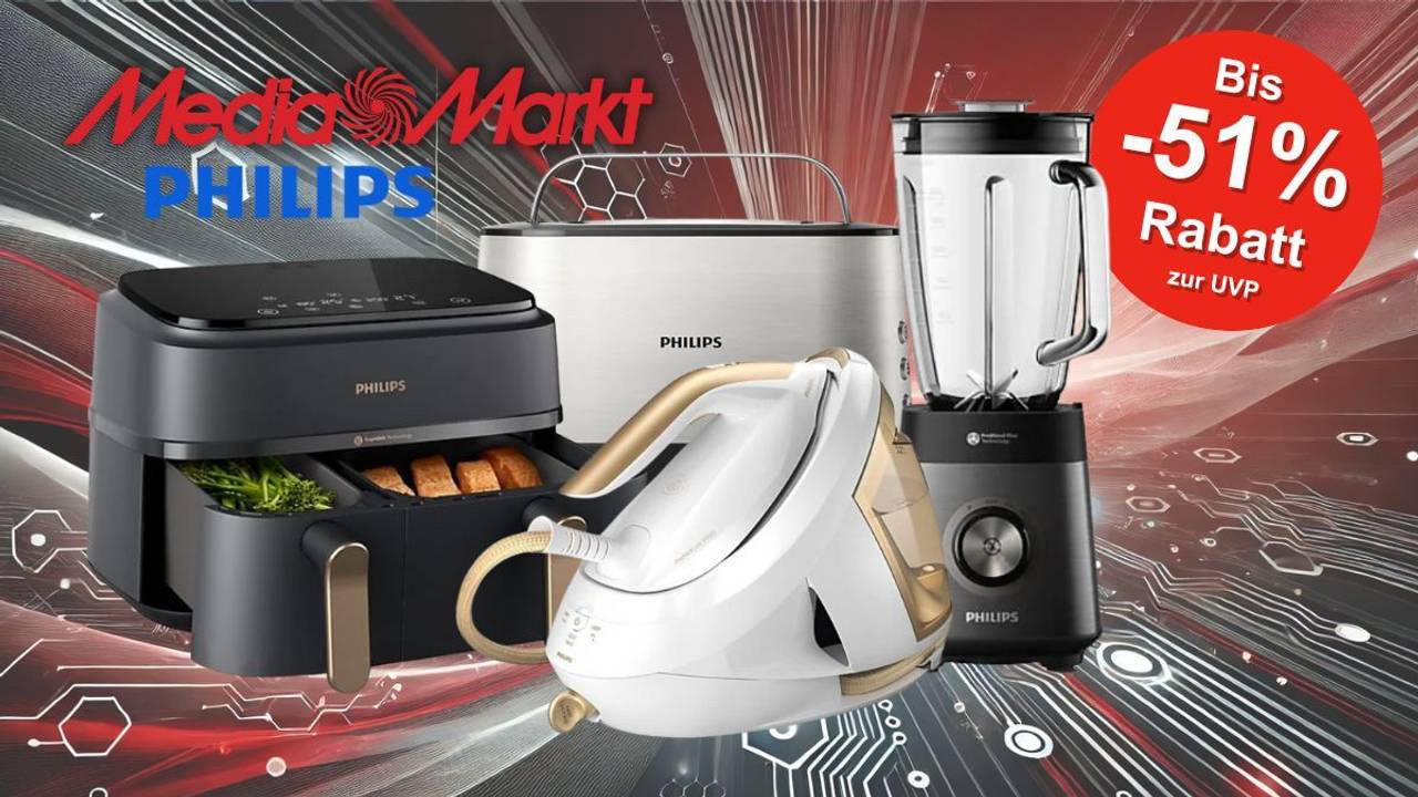 Auf dem Bild sind ein Toaster, Airfryer, Mixer und Bügeleisen von Philips zu sehen.