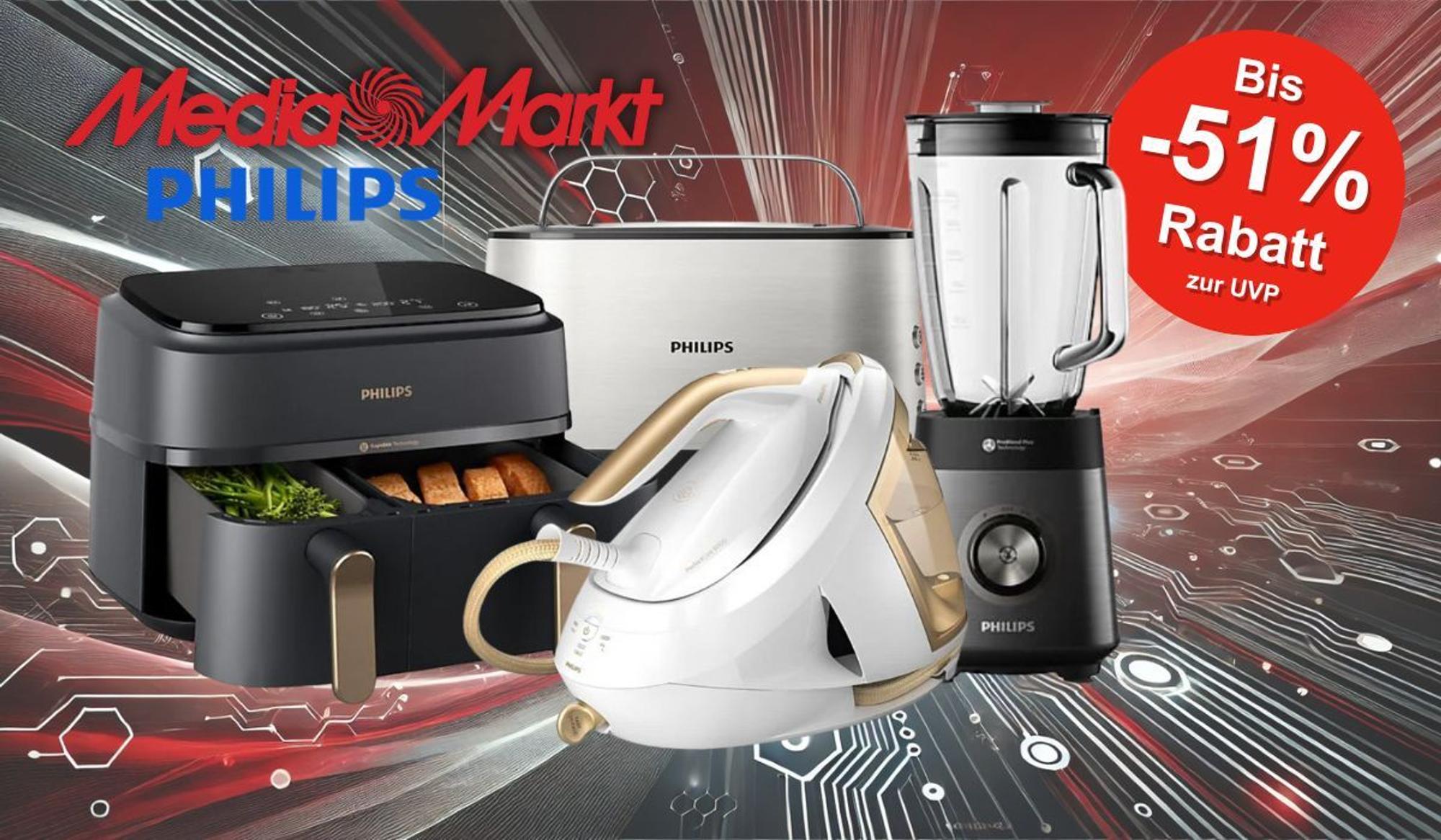 Auf dem Bild sind ein Toaster, Airfryer, Mixer und Bügeleisen von Philips zu sehen.