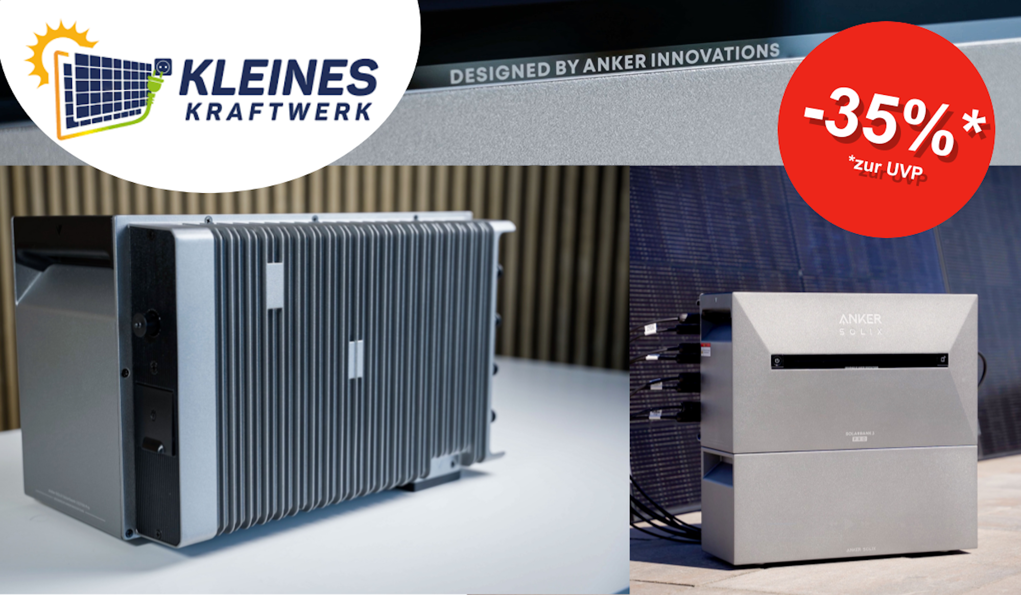 Ein Balkonkraftwerk mit einem modernen, kompakten Speicher von ANKER Innovations, der in eleganter Aluminium-Optik und mit effizienten Solarmodulen bestückt ist.