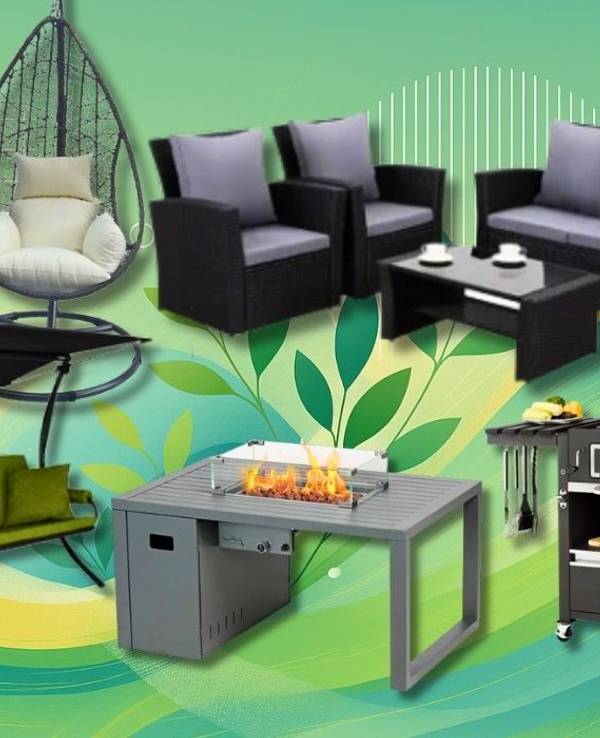 Eine Auswahl an Gartenmöbeln und einem Grill vor einem grünen Hintergrund.