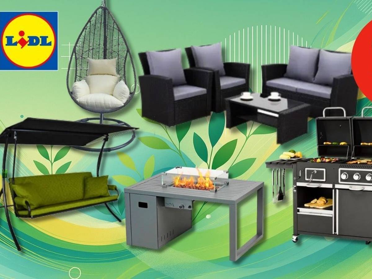 Eine Auswahl an Gartenmöbeln und einem Grill vor einem grünen Hintergrund.