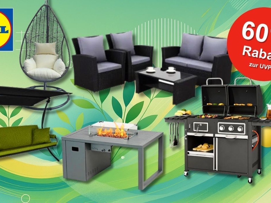 Eine Auswahl an Gartenmöbeln und einem Grill vor einem grünen Hintergrund.