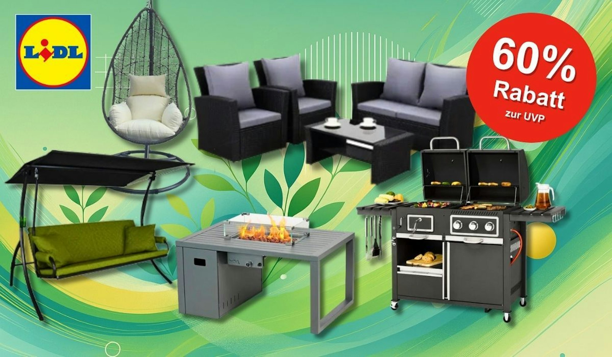 Eine Auswahl an Gartenmöbeln und einem Grill vor einem grünen Hintergrund.