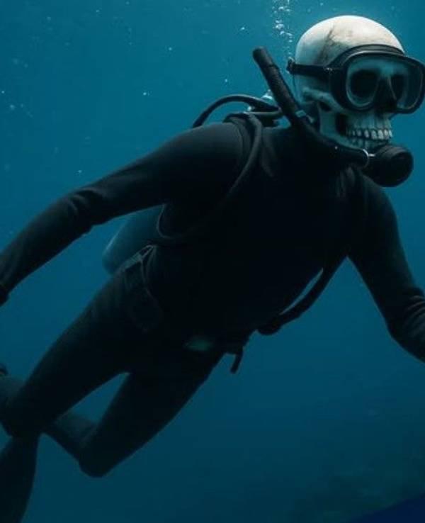 Ein schwimmendes Skelett trägt einen Taucheranzug.
