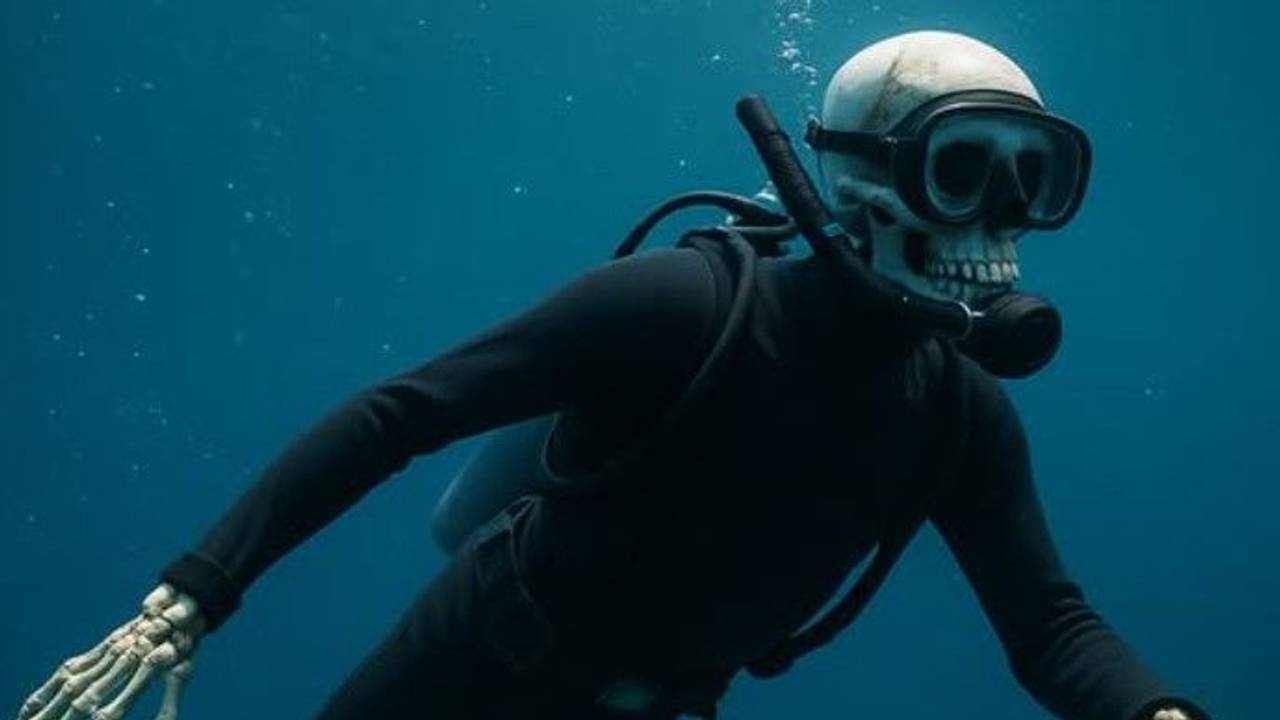 Ein schwimmendes Skelett trägt einen Taucheranzug.