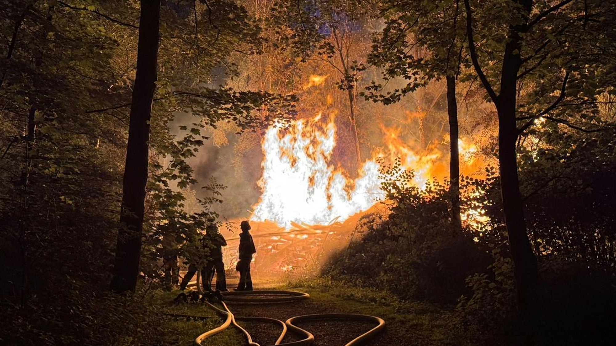 Die Feuerwehr Essen verhindert die Ausbreitung eines Feuers auf angrenzenden Wald nach Brand eines großen Holzstapels in Essen-Borbeck