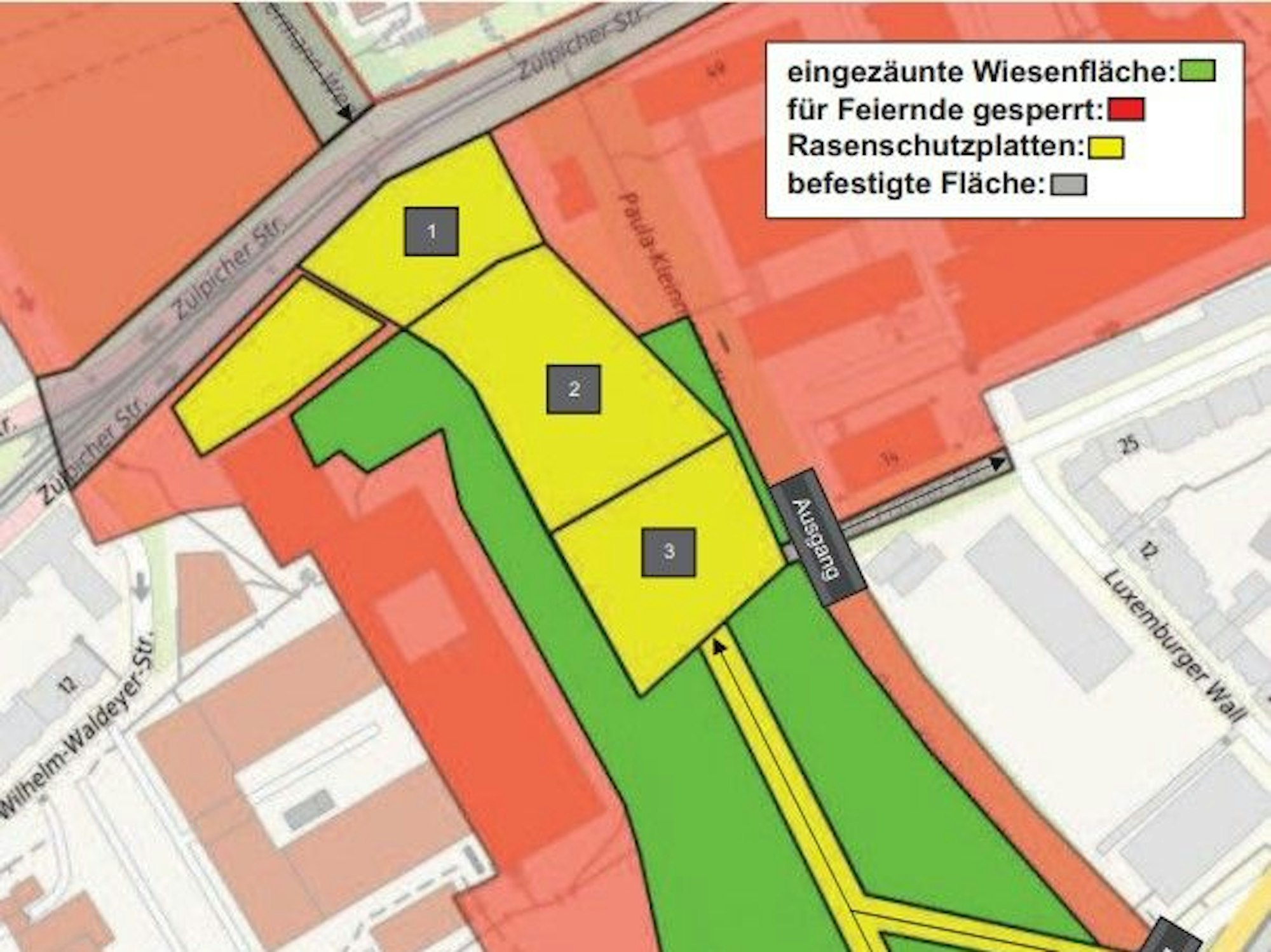 Am 11.11. sollen nur noch die Flächen 1 bis 3 genutzt werden, beim Straßenkarneval 2026 die Flächen 1 und 2. Der Bereich Richtung Luxemburger Straße wird nicht mehr abgedeckt.