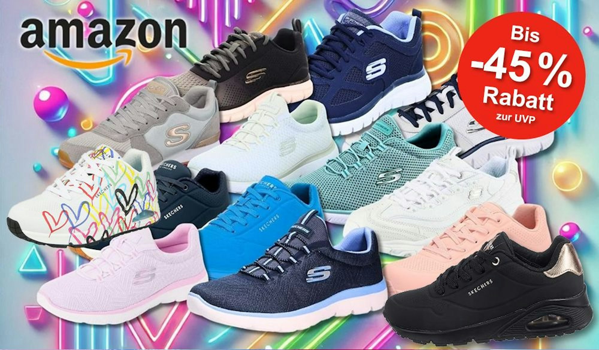 Viele verschiedene Skechers Sneaker Modelle vor einem farbenfrohen Hintergrund.
