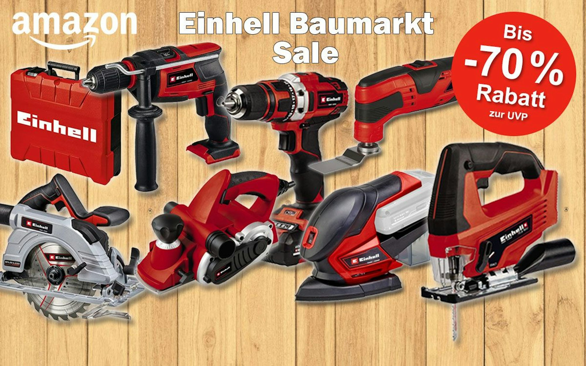 Einhell Werkzeug vor einer Holzwand. Akku Bohrschrauber, Stichsäge, Kreissäge, Elektrohobel, Multifunktionswerkzeug, Winkelschleifer, Werkzeugkoffer.
