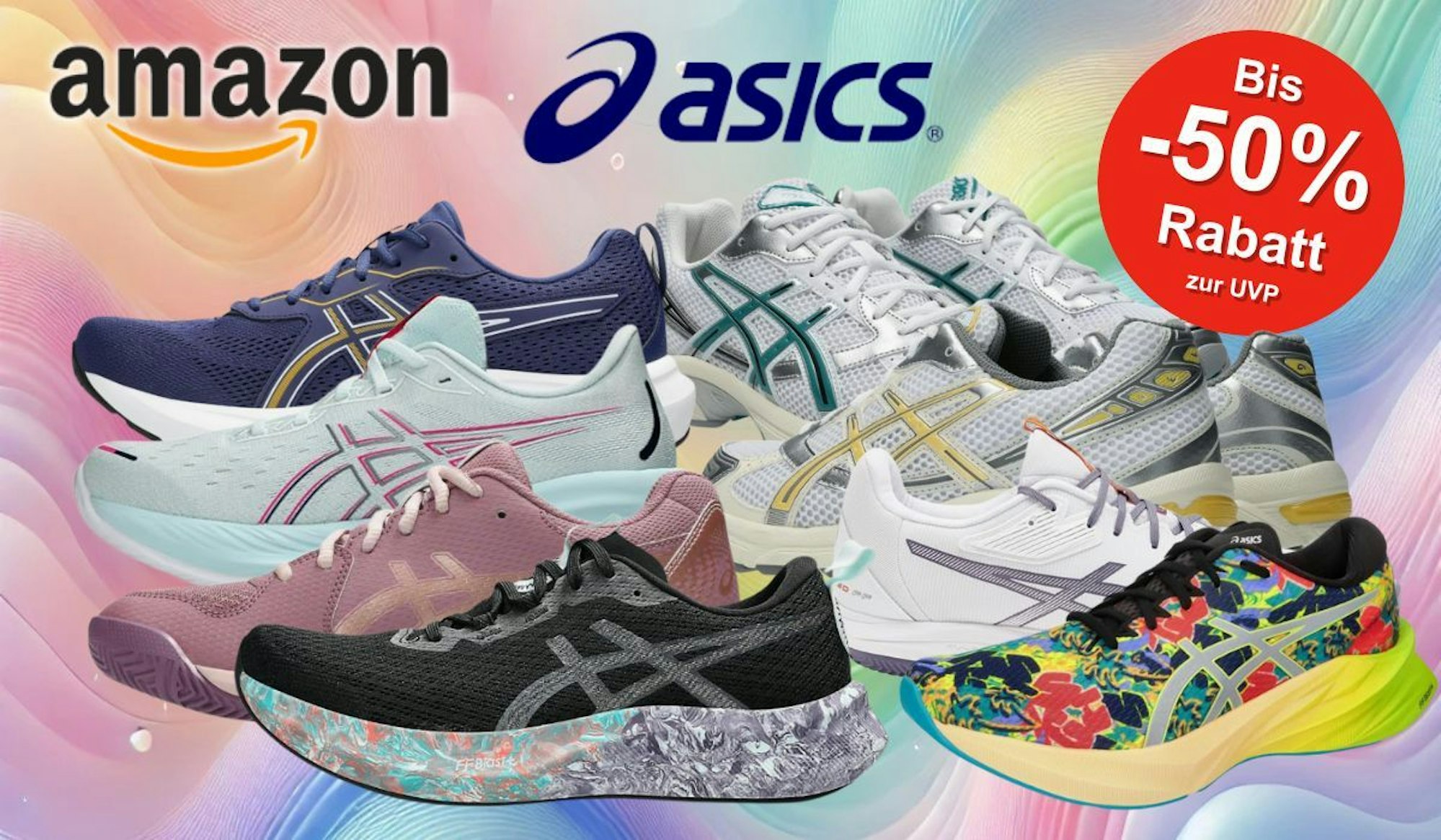 Auf dem Bild sind unterschiedliche Varianten von Asics Sneakern zu sehen.