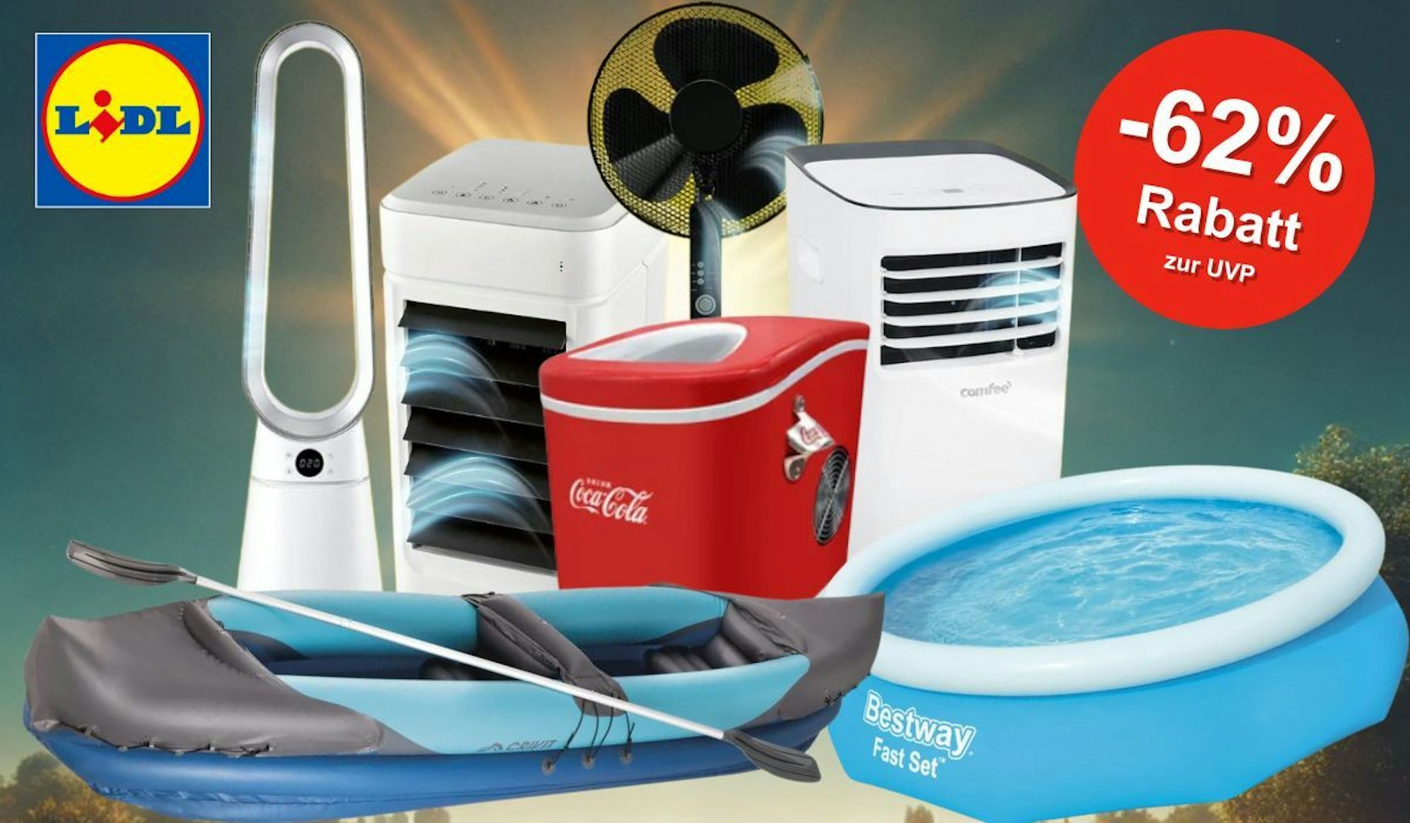 Auf dem Bild sind Ventilatoren, Klimageräte u.v.m. zu sehen.