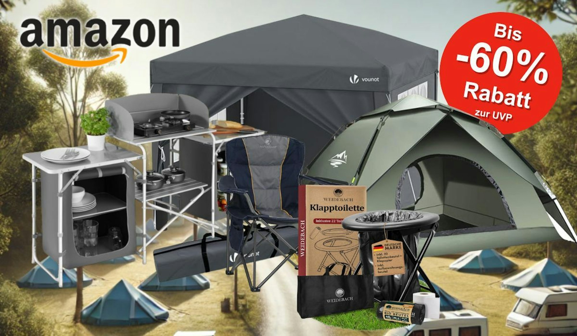 Auf dem Bild ist diverses Camping Equipment zu sehen.