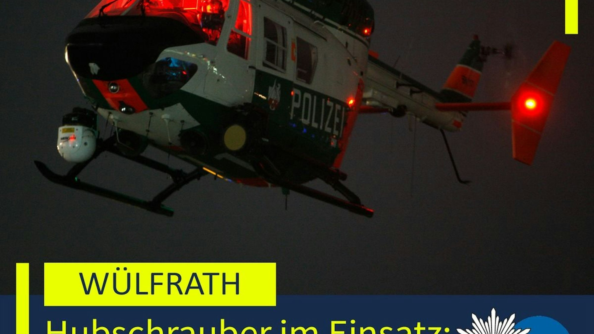 Polizeihubschrauber bei einem nächtlichen Einsatz zur Fahndung nach flüchtigen Kriminellen in Wülfrath.